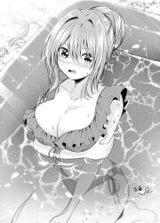 Rule 34 | 1girl, arm under breasts, bikini, blush, breasts, cleavage, collarbone, frilled bikini, frills, grabbing own arm, grass, hair bun, hair intakes, highres, hose, large breasts, looking at viewer, monochrome, open mouth, original, outdoors, partially submerged, ryopa, side-tie bikini bottom, sidelocks, signature, solo, swimsuit, wading pool, wavy mouth