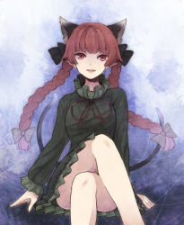 Rule 34 | 1girl, animal ears, bad id, bad pixiv id, bare legs, bow, braid, cat ears, cat girl, cat tail, extra ears, female focus, hair bow, hair ribbon, kaenbyou rin, crossed legs, multiple tails, nekomata, pointy ears, red eyes, red hair, ribbon, short hair, sitting, solo, tail, touhou, twin braids, twintails, urin