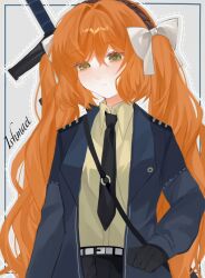 Rule 34 | black gloves, black necktie, black pants, blue coat, blush, bow, brown hairband, closed mouth, coat, collared shirt, cowboy shot, gloves, green eyes, hair bow, hairband, highres, ishmael (project moon), limbus company, long hair, long sleeves, looking at viewer, mimingaminchi, necktie, orange hair, pants, project moon, rope, shirt, sidelocks, sword, twintails, very long hair, weapon, white bow, yellow shirt