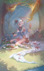 Rule 34 | 1girl, absurdres, animal, areola slip, bag, bare shoulders, barefoot, basket, between breasts, bird, blue legwear, blunt bangs, blush, bracelet, braid, breasts, deme (karesuki), detached sleeves, eyelashes, fantasy, female focus, floral print, flower, forest, grass, hair flower, hair ornament, hair rings, halterneck, highleg, highleg leotard, highres, holding, holding flower, jewelry, leotard, light particles, long hair, nature, no shoes, o-ring, o-ring top, on ground, original, outdoors, parted lips, plant, reaching, red eyes, red flower, red lips, ring, shade, shoulder bag, sitting, solo, sunlight, tattoo, toeless legwear, toes, tree, tree shade, vines, water, white flower, white hair