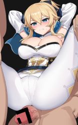 Rule 34 | 1girl, 2boys, armpits, arms behind head, arms up, bar censor, blonde hair, blue capelet, blue eyes, blush, breasts, capelet, censored, cleavage, clenched teeth, genshin impact, hair ribbon, held up, hetero, high ponytail, highres, imminent penetration, imminent rape, jean (genshin impact), large breasts, leg grab, long hair, multiple boys, ndgd, pants, pantyhose, penis, reverse suspended congress, ribbon, sex, sex from behind, solo focus, spread legs, sweat, teeth, tight clothes, tight pants, white pants