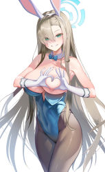 Rule 34 | 1girl, animal ears, asuna (blue archive), asuna (bunny) (blue archive), blue archive, blue bow, blue bowtie, bow, bowtie, breasts, brown hair, brown pantyhose, cleavage, commentary, covered navel, detached collar, fake animal ears, gloves, green eyes, hair between eyes, halo, heart-shaped boob challenge, highres, large breasts, leotard, long hair, looking at viewer, manda (luts7602), mixed-language commentary, mole, mole on breast, pantyhose, playboy bunny, rabbit ears, solo, traditional bowtie, very long hair, white gloves