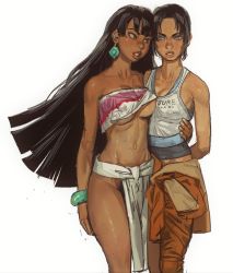 Rule 34 | 2girls, aperture science, asymmetrical docking, bare arms, bare shoulders, black hair, blue eyes, bracelet, breast press, breasts, brown eyes, chel (the road to el dorado), chell, cleavage, clothes lift, collarbone, company name, dark-skinned female, dark skin, dreamworks, earrings, eye contact, highres, jewelry, jumpsuit, jumpsuit around waist, lips, loincloth, long hair, looking at another, midriff, mossacannibalis, multiple girls, name connection, navel, orange jumpsuit, orange pants, pants, parted lips, portal (series), shirt, side-by-side, sleeveless, sleeveless shirt, straight hair, strapless, tank top, the road to el dorado, thick thighs, thighs, tied shirt, tube top, tube top lift, underboob, valve, very long hair, wavy hair