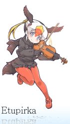 Rule 34 | 10s, 1girl, bird tail, bird wings, black hair, blonde hair, blue eyes, blush, commentary, gloves, head wings, highres, instrument, jacket, kemono friends, long sleeves, multicolored hair, music, pantyhose, playing instrument, pleated skirt, red hair, red pantyhose, scarf, short hair, skirt, solo, standing, standing on one leg, sweater, tail, tanaka kusao, tufted puffin (kemono friends), violin, white hair, wings
