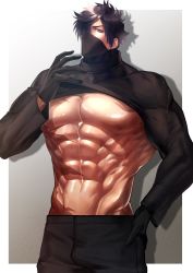 Rule 34 | 1boy, abs, bad id, bad twitter id, bara, biceps, black hair, burn scar, clothes lift, domo (domo kizusuki), gloves, grey hair, hand on own hip, highres, large pectorals, long sleeves, looking at viewer, male focus, mask, mouth mask, muscular, muscular male, navel, nipples, one eye covered, original, pants, pectorals, scar, solo, sweater, sweater lift, thick arms, tight clothes, turtleneck, turtleneck sweater, underpec