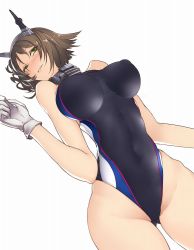 Rule 34 | 10s, 1girl, alternate costume, bare legs, bare shoulders, blush, breasts, brown hair, collar, competition swimsuit, covered erect nipples, eyebrows, ginga ryuusei, gingami (giluziru), gloves, green eyes, headgear, impossible clothes, impossible swimsuit, kantai collection, large breasts, looking at viewer, lying, mutsu (kancolle), navel, on back, one-piece swimsuit, shiny clothes, shiny skin, short hair, simple background, smile, solo, swimsuit, thighs, white background, white gloves