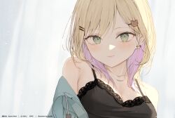 Rule 34 | 1girl, absurdres, aqua hoodie, armpit crease, artist name, bare shoulders, bear hair ornament, black shirt, blonde hair, blush, breasts, closed mouth, collarbone, colored inner hair, copyright name, curtains, ear piercing, earrings, english text, green eyes, hair ornament, hairclip, haru on, highres, hood, hoodie, jewelry, kurumi noah, lace, lace-trimmed shirt, lace trim, large breasts, light smile, looking at viewer, medium hair, multicolored hair, necklace, open clothes, open hoodie, piercing, portrait, purple hair, shirt, solo, stud earrings, two-tone hair, virtual youtuber, vspo!