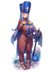 Rule 34 | 1girl, :o, absurdres, blue hair, blush, bodysuit, breasts, cameltoe, cleft of venus, commentary request, covered erect nipples, curvy, dragon quest, dragon quest iii, flower, full body, hat, highres, huge breasts, large areolae, latex, latex suit, long hair, looking at viewer, mace, mitre, mogudan, parted lips, priest (dq3), puffy nipples, red eyes, shiny clothes, simple background, skin tight, slime (dragon quest), solo, standing, thick thighs, thighs, very long hair, weapon, white background