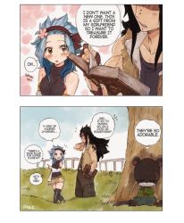 Rule 34 | 1boy, 1girl, black hair, blue hair, book, detached sleeves, english text, fairy tail, gajeel redfox, levy mcgarden, outdoors, pantherlily, pants, rusky, shorts, speech bubble, tattoo, tree