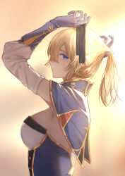 Rule 34 | 1girl, absurdres, arm guards, arms up, backlighting, blonde hair, blue capelet, blue eyes, blurry, blurry background, breasts, capelet, closed mouth, corset, from side, genshin impact, gloves, highres, jean (genshin impact), long hair, looking at viewer, looking to the side, medium breasts, mugiko mz, profile, purple gloves, sideboob, sideways glance, solo, strapless, tying hair, underbust, upper body