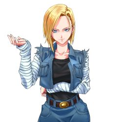 Rule 34 | 1girl, absurdres, android 18, belt, black shirt, blonde hair, blue eyes, bob cut, breast hold, breasts, closed mouth, cowboy shot, denim, dragon ball, dragonball z, earrings, female focus, hand up, highres, hoop earrings, jacket, jeans, jewelry, kerana art, large breasts, light smile, long sleeves, looking at viewer, medium hair, pants, raglan sleeves, shirt, simple background, skirt, smile, solo, standing, white background
