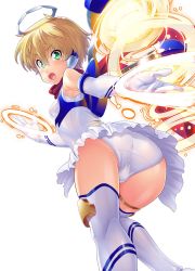 Rule 34 | 00s, 1girl, ass, blonde hair, breasts, energy, female focus, green eyes, halo, highres, kuuchuu yousai, looking at viewer, looking back, michea silkys, short hair, small breasts, smile, solo, taimanin (series), taimanin asagi kessen arena