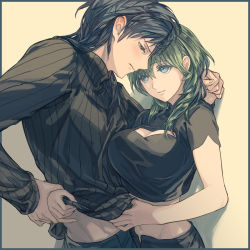 Rule 34 | 1boy, 1girl, assisted exposure, beige background, black pants, black shirt, black shorts, black sweater, blue hair, breast press, breasts, byleth (female) (fire emblem), byleth (fire emblem), cleavage, cleavage cutout, closed mouth, clothing cutout, commentary request, couple, cowboy shot, crop top, dark blue hair, embarrassed, eyelashes, face-to-face, felix hugo fraldarius, fire emblem, fire emblem: three houses, grabbing, green eyes, green hair, hair down, hair over shoulder, half-closed eyes, hand grab, harusame (rueken), hetero, large breasts, light blush, light smile, long sleeves, looking at another, medium hair, midriff, navel, nintendo, orange eyes, pants, ribbed sweater, shadow, shirt, short sleeves, shorts, sidelocks, simple background, standing, sweater, tsurime, turtleneck, turtleneck sweater, yellow background