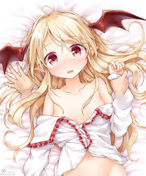 Rule 34 | 10s, 1girl, anzu ame, arm grab, bat wings, bed, blonde hair, blush, bottomless, breasts, collarbone, commentary request, fang, granblue fantasy, groin, head wings, imminent penetration, long hair, looking at viewer, lying, navel, no bra, off shoulder, on back, open clothes, open mouth, open shirt, pointy ears, pov, red eyes, shingeki no bahamut, shirt, small breasts, solo focus, upper body, vampy, wings