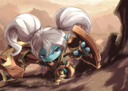 Rule 34 | 1girl, armor, blue skin, colored skin, ironlily, league of legends, long hair, pointy ears, poppy (league of legends), shield, twintails, weapon, white hair, yordle