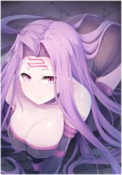 Rule 34 | 1girl, all fours, bad id, bad pixiv id, bare shoulders, boots, breasts, covered erect nipples, crack, cracked floor, dress, facial mark, fate/stay night, fate (series), forehead mark, from above, highres, large breasts, looking at viewer, medusa (fate), medusa (rider) (fate), purple eyes, purple hair, solo, strapless, strapless dress, thigh boots, thighhighs, wada kazu