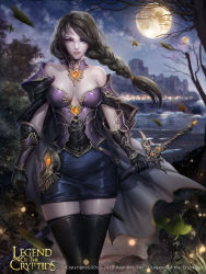 Rule 34 | 1girl, armor, artist request, blue eyes, breasts, brown hair, cape, cleavage, dated, elbow gloves, female focus, gauntlets, gem, gloves, highres, holding, jewelry, large breasts, legend of the cryptids, long hair, looking at viewer, miniskirt, moon, nature, night, outdoors, pauldrons, plant, shoulder armor, skirt, sky, solo, sword, thighhighs, weapon, zettai ryouiki