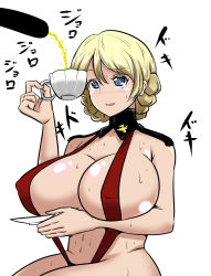 Rule 34 | 10s, 1girl, adapted costume, bikini, blank censor, blonde hair, blue eyes, braid, braided bun, breasts, censored, cleavage, covered erect nipples, darjeeling (girls und panzer), drinking pee, girls und panzer, hair bun, heart, heart-shaped pupils, highres, huge breasts, pee, peeing, penis, red bikini, sexually suggestive, short hair, simple background, slingshot swimsuit, solo, solo focus, sweat, swimsuit, symbol-shaped pupils, tea, torii5011, translation request, white background