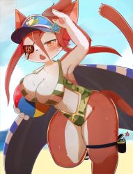 Rule 34 | 1girl, ball, beach, beachball, cat, cat busters, eyepatch, furry, furry female, hat, hinozuki (cat busters), kyuuri, open mouth, red eyes, red hair, short hair, solo, swimsuit
