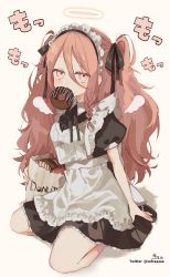 Rule 34 | 1girl, absurdres, apron, bag, black bow, black dress, black ribbon, blush, bow, brown background, brown eyes, brown hair, collared dress, commentary request, doughnut, dress, food, food in mouth, frilled apron, frills, full body, hair between eyes, hair bow, halo, highres, jitome, long hair, looking at viewer, maid, maid apron, maid headdress, mouth hold, neck ribbon, original, paper bag, puffy short sleeves, puffy sleeves, ribbon, shadow, short sleeves, signature, sitting, sofra, solo, translation request, twitter username, two side up, very long hair, white apron