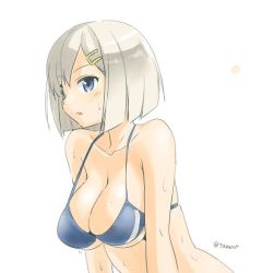 Rule 34 | 10s, 1girl, bare shoulders, bikini, blue bikini, blue eyes, breasts, cleavage, hair ornament, hairpin, hamakaze (kancolle), kantai collection, large breasts, open mouth, short hair, silver hair, solo, sweat, swimsuit, tamu (mad works)
