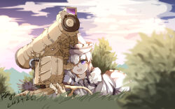 Rule 34 | 1girl, :d, absurdres, blurry, blurry background, cannon, chinese commentary, cloud, commentary request, full body, grass, highres, looking at viewer, merlin prismriver, open mouth, outdoors, pink headwear, purple eyes, pzgr.40, short hair, smile, solo, touhou, turret, variant set, white hair