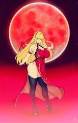 Rule 34 | 1girl, armband, arms up, bare shoulders, black pantyhose, black thighhighs, blonde hair, bottomless, breasts, choker, cleavage, closed mouth, commission, dress, earrings, full body, full moon, gold trim, gradient background, hair ornament, halter dress, halterneck, high heels, highres, huge breasts, jewelry, lace, lace-trimmed legwear, lace trim, long dress, mole, mole on breast, mole under eye, moon, original, outstretched arm, pantyhose, parted bangs, red background, red dress, red eyes, red moon, signature, skin tight, solo, standing, thick thighs, thighhighs, thighs, zcune