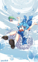 Rule 34 | 2girls, blue bow, blue dress, blue eyes, blue hair, blue sky, bow, circled 9, cirno, cirno day, cloud, cloudy sky, daiyousei, dress, fairy, fairy wings, frilled skirt, frills, green hair, hair bow, highres, ice, ice cube, ice wings, multiple girls, neck ribbon, open mouth, outdoors, ponytail, puffy short sleeves, puffy sleeves, red ribbon, ribbon, shirt, shoes, short hair, short sleeves, side ponytail, skirt, sky, socks, touhou, white shirt, wings, yellow bow, yui (daijun)