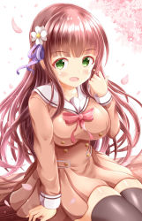 Rule 34 | 1girl, :d, black thighhighs, blush, bow, breasts, brown dress, brown hair, commentary request, dress, flower, gochuumon wa usagi desu ka?, green eyes, hair flower, hair ornament, hair ribbon, hand up, highres, large breasts, long hair, long sleeves, looking at viewer, open mouth, petals, pink flower, purple ribbon, red bow, ribbon, sailor collar, sailor dress, smile, solo, thighhighs, ujimatsu chiya, very long hair, white background, white flower, white sailor collar, xenon (for achieve)