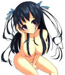 Rule 34 | 1girl, black hair, breasts, censored, convenient censoring, female focus, groin, hair censor, hair ornament, hair over breasts, highres, humuyun, large breasts, long hair, navel, nude, original, red eyes, simple background, sitting, solo, thighs, white background