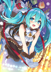 Rule 34 | 1girl, animal costume, antlers, aqua eyes, aqua hair, bare shoulders, bell, blue eyes, blush, bow, breasts, commentary, commentary request, fur trim, gift, gloves, hair between eyes, hatsune miku, hatsune miku graphy collection, hisen kaede, horns, large breasts, long hair, looking at viewer, open mouth, reindeer antlers, reindeer costume, smile, solo, twintails, very long hair, vocaloid, white bow, white footwear, white gloves
