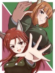 Rule 34 | 2girls, absurdres, animal ears, blush, brave witches, breasts, brown hair, dog ears, green eyes, gundula rall, highres, large breasts, long hair, looking at viewer, military uniform, minna-dietlinde wilcke, multiple girls, open mouth, orange eyes, red hair, short hair, smile, strike witches, tama kitsune, uniform, wolf ears, world witches series