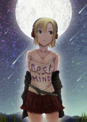 Rule 34 | 10s, 1girl, 3e, blush, breasts, brown hair, clothes writing, full moon, green eyes, headphones, idolmaster, idolmaster cinderella girls, jewelry, moon, necklace, off shoulder, open mouth, short hair, skirt, solo, tada riina