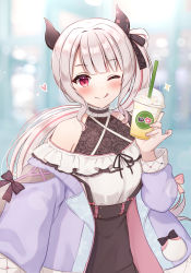 Rule 34 | 1girl, ;q, absurdres, bad id, bad pixiv id, bare shoulders, black bow, black choker, black skirt, blouse, blurry, blurry background, blush, bow, choker, closed mouth, collarbone, commentary request, cup, depth of field, disposable cup, drinking straw, frilled choker, frills, grey hair, hair bow, heart, highres, holding, holding cup, horns, jacket, long hair, long sleeves, looking at viewer, multicolored hair, naraka (nijisanji), nijisanji, off-shoulder shirt, off shoulder, one eye closed, open clothes, open jacket, puffy long sleeves, puffy sleeves, purple jacket, red eyes, red hair, shirt, side ponytail, skirt, smile, solo, starbucks, streaked hair, suspender skirt, suspenders, suspenders slip, tongue, tongue out, very long hair, virtual youtuber, white shirt, yukiunag1