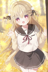 1girl :3 :d absurdres ahoge autumn autumn_leaves bear_hair_ornament black_ribbon black_sailor_collar black_skirt blonde_hair blurry blurry_background blush cardigan commentary_request cowboy_shot day eyes_visible_through_hair floating_hair ginkgo_leaf hair_between_eyes hair_intakes hair_ornament hair_ribbon hairclip hands_up happy highres holding holding_leaf leaf long_hair looking_at_viewer miniskirt open_cardigan open_clothes open_mouth original outdoors pleated_skirt pom_pom_(clothes) pom_pom_hair_ornament red_eyes red_ribbon ribbon sailor_collar sakura_aki school_uniform serafuku shirt signature skirt sleeves_past_wrists smile solo twitter_username two_side_up very_long_hair w_arms white_shirt wind x_hair_ornament yellow_cardigan