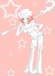 Rule 34 | 1girl, bad id, bad pixiv id, boots, breasts, cowboy hat, cowboy western, full body, fur trim, hand on own hip, hat, highres, j-peg, leaning forward, medium breasts, multicolored hair, official alternate costume, pascal (tales), pink background, red hair, short hair, short shorts, shorts, solo, staff, standing, star (symbol), starry background, tales of (series), tales of graces, thigh boots, thighhighs, two-tone hair, white hair, yellow eyes