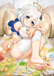 Rule 34 | 1girl, an-telin, banana leaf, barefoot, bed, bed sheet, between toes, blue eyes, cake, cocktail, commentary, detached sleeves, food, fork, fruit, genshin impact, glass, hair between eyes, hair ornament, halo, highres, honey dipper, indoors, knees to chest, lemon, lemon slice, licking lips, long sleeves, looking at viewer, lying, on bed, on side, paimon (genshin impact), pillow, plate, popsicle, skindentation, soles, solo, thighhighs, thighs, toes, tongue, tongue out, watermelon, white hair