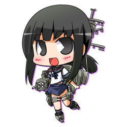 Rule 34 | 1girl, black eyes, black hair, blue sailor collar, blue skirt, chibi, commentary request, fubuki (kancolle), kantai collection, looking at viewer, low ponytail, lowres, machinery, open mouth, pac-man eyes, pleated skirt, ponytail, sailor collar, school uniform, serafuku, short ponytail, sidelocks, simple background, skirt, smile, solo, suntail, white background
