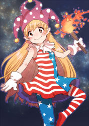 Rule 34 | 1girl, american flag dress, american flag legwear, blonde hair, blush, closed mouth, clownpiece, dress, fire, gloves, hat, hituzirobo, jester cap, looking at viewer, neck ruff, pantyhose, pointy ears, polka dot, red eyes, short dress, sleeveless, sleeveless dress, smile, solo, standing, standing on one leg, star (symbol), star print, striped clothes, striped pantyhose, torch, touhou, white gloves