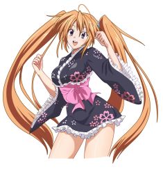 Rule 34 | 10s, 1girl, absurdres, ahoge, blonde hair, breasts, happy, high school dxd, highres, japanese clothes, kimono, long hair, medium breasts, open mouth, orange hair, purple eyes, shidou irina, short kimono, solo, transparent background, twintails, vector trace, very long hair
