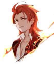 Rule 34 | 1boy, 3four, ahoge, bad id, bad twitter id, collared shirt, commentary, fire, granblue fantasy, jacket, looking at viewer, male focus, percival (granblue fantasy), popped collar, portrait, red eyes, red hair, shirt, simple background, smile, solo, symbol-only commentary, white background, white shirt, wing collar