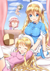 Rule 34 | 4girls, :d, ^ ^, amano miu, apron, arm up, bed sheet, blend s, blonde hair, blood, blue eyes, blue shirt, blue skirt, blue sky, blush, breasts, brown hair, chibi, closed eyes, cloud, collared shirt, commentary request, company connection, cosplay, crossover, curtains, day, dress shirt, glasses, gloves, green hair, hair ornament, hairclip, hand on another&#039;s head, head scarf, highres, hinata kaho, holding, holding notepad, holding pencil, indoors, kin-iro mosaic, kujou karen, lap pillow, large breasts, long hair, lying, manga time kirara, matching outfits, medium breasts, multiple girls, no shoes, nosebleed, notepad, on back, oomiya shinobu, opaque glasses, open mouth, pencil, pink shirt, pink skirt, pleated skirt, purple shirt, red-framed eyewear, semi-rimless eyewear, shirt, sitting, skirt, sky, smile, stile uniform, thighhighs, twintails, under-rim eyewear, uniform, very long hair, waist apron, waitress, wariza, white apron, white gloves, white legwear, window, x hair ornament, xenon (for achieve)
