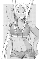 Rule 34 | 1girl, animal ears, bare arms, boku no hero academia, breasts, commentary request, dark-skinned female, dark skin, eyelashes, greyscale, grin, hand on own hip, highres, long hair, looking at viewer, midriff, mirko, monochrome, navel, nstime23, parted bangs, rabbit ears, rabbit girl, short shorts, shorts, smile, solo, standing, tank top, twitter username, very long hair, wet