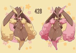 Rule 34 | 2girls, absurdres, alternate color, animal ears, black sclera, blush, body fur, breasts, colored sclera, creatures (company), dark areolae, eyelashes, female pubic hair, furry, furry female, game freak, gen 4 pokemon, highres, lightsource, looking at viewer, lopunny, multiple girls, nintendo, nipples, nude, pink fur, pokemon, pubic hair, pussy, rabbit ears, red eyes, shiny and normal, shiny pokemon, small breasts, smile, two-tone fur, yellow fur