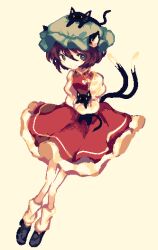 Rule 34 | 1girl, animal ears, brown eyes, brown hair, cat ears, cat tail, chen, dress, forked tail, gold trim, hat, highres, jewelry, mob cap, nekomata, red dress, rrrssr, solo, tail, touhou