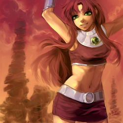 Rule 34 | 10s, 1girl, 2012, armpits, arms up, bad id, bad pixiv id, cartoon network, dc comics, gorget, green eyes, long hair, midriff, miniskirt, navel, parted lips, realistic, red theme, signature, skirt, smile, solo, starfire, teen titans