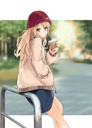 Rule 34 | 1girl, absurdres, bang dream!, beach, blonde hair, blue skirt, blurry, blurry background, blush, brown eyes, brown jacket, closed mouth, coffee cup, commentary request, cup, denim, denim skirt, depth of field, disposable cup, drinking straw, from side, gurifu, hand in pocket, highres, holding, holding cup, jacket, kirigaya toko, long hair, long sleeves, looking at viewer, looking to the side, puffy long sleeves, puffy sleeves, railing, red headwear, signature, skirt, smile, solo