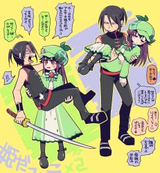 Rule 34 | 1boy, 1girl, black hair, capelet, carrying, closed eyes, deerstalker, dress, green capelet, green dress, green headwear, hat, hercule barton, highres, holding, holding sword, holding weapon, japanese clothes, katana, long dress, open mouth, princess carry, red eyes, short ponytail, spade (shape), stone river, sweatdrop, sword, tantei opera milky holmes, translation request, tsunoji, weapon, yellow eyes