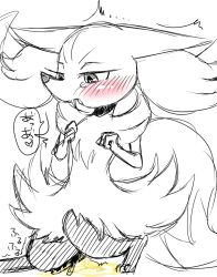 Rule 34 | 1girl, animal ear fluff, animal ears, animal feet, animal nose, blush, body fur, braixen, clenched hands, creatures (company), ears down, female focus, female masturbation, flat chest, fox ears, fox girl, fox tail, full body, furry, furry female, game freak, gen 6 pokemon, greyscale, half-closed eyes, hands up, heart, heart-shaped pupils, japanese text, looking down, masturbation, monochrome, negoya, nintendo, object insertion, on one knee, open mouth, pee, peeing, peeing self, pokemon, pokemon (creature), puddle, simple background, sketch, snout, solo, speech bubble, spoken heart, spot color, stick, symbol-shaped pupils, tail, tears, translated, trembling, vaginal, vaginal object insertion, white background