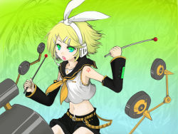 Rule 34 | 1girl, :o, arm tattoo, bad id, bad pixiv id, bare shoulders, belt, belt buckle, black shorts, blonde hair, blouse, blue eyes, breasts, buckle, collarbone, crop top, detached sleeves, drumsticks, gradient background, green eyes, hair ornament, hairclip, holding, kagamine rin, long sleeves, multicolored eyes, nail polish, navel, number tattoo, open mouth, sasurai susuki, school uniform, serafuku, shirt, short hair, shorts, sitting, sleeveless, sleeveless shirt, small breasts, solo, stomach, susuki, swept bangs, tattoo, treble clef, vocaloid, yellow nails